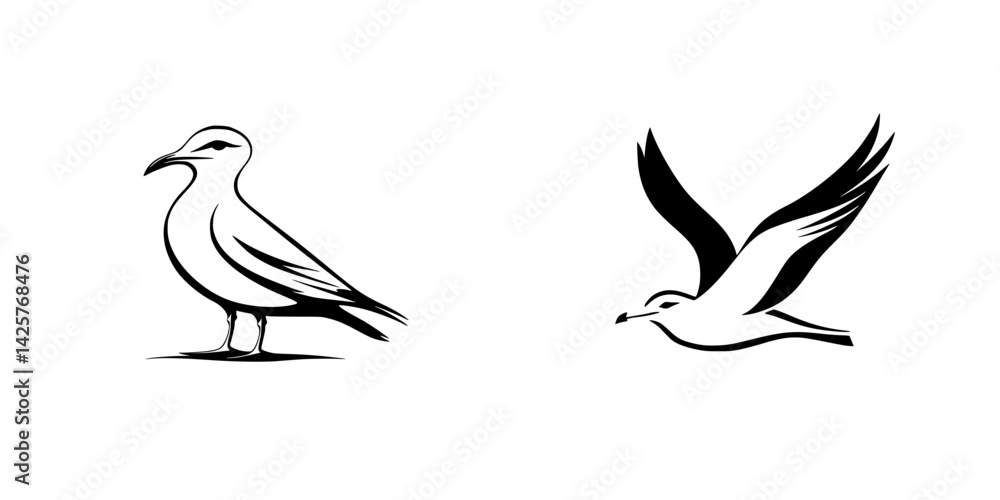 Poster black icon set showcasing a standing gull and a flying gull with clean, simple lines and minimalisti