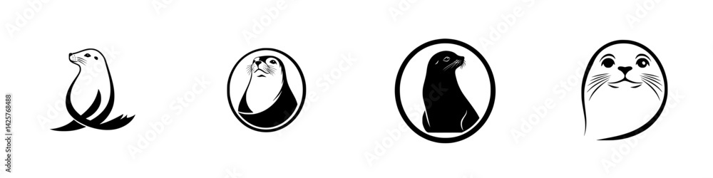 Poster set of black icons depicting various seal designs in a minimalist style suitable for branding and gr