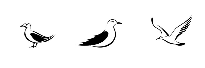 Fototapeta premium Stylized black bird icons representing various poses and movements of seagulls in a minimalistic design