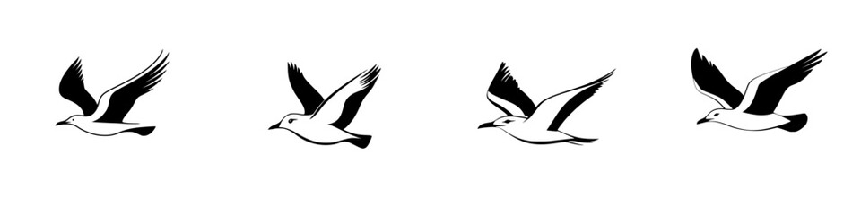 Fototapeta premium Black icons of birds in flight showing various wing positions and movements over a minimalist background