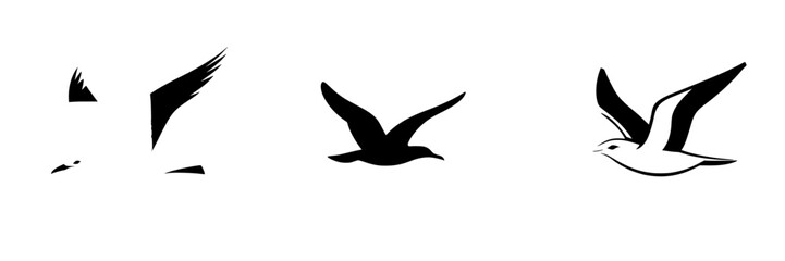 Fototapeta premium Black icon set featuring various bird silhouettes in flight over a simple background