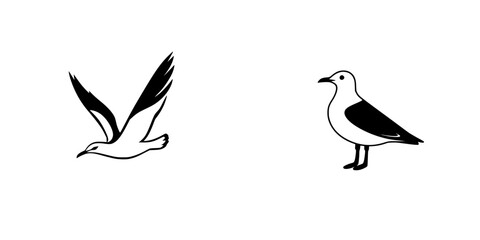 Black icon set featuring a flying bird and a standing seagull in minimalist design suitable for various applications
