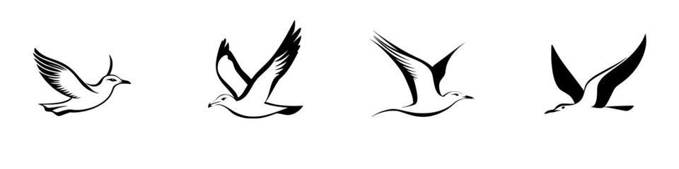 Obraz premium Black icon set of flying birds showcasing various wing positions and styles in a minimalist design