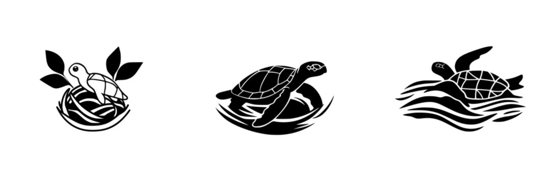 Black icon set featuring turtle nest, swimming turtle, and turtle with leaves