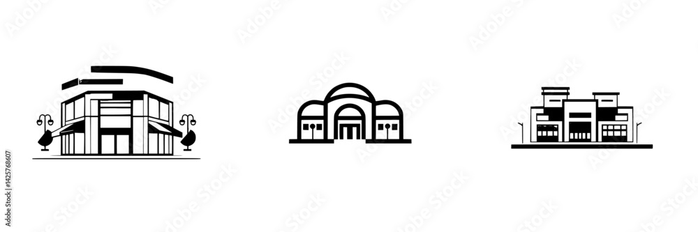 Aufkleber stylized black icon set representing various building types in a minimalist design
