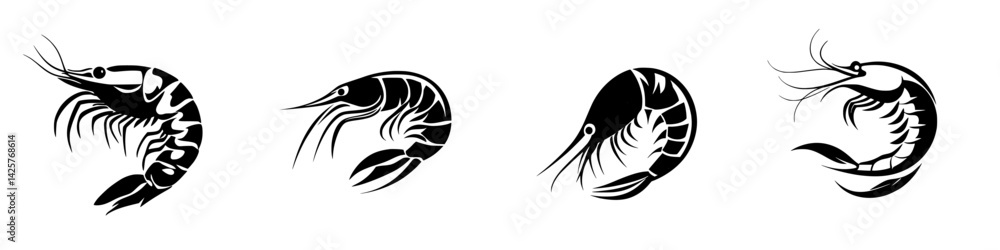 Poster various black shrimp icons showcasing different styles and positions of shrimp in a simple yet elega