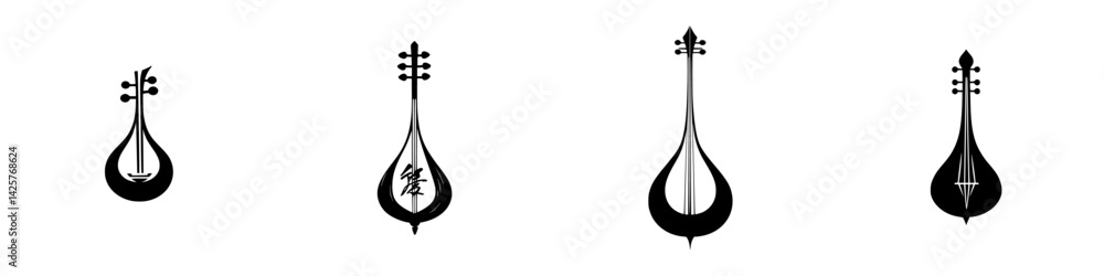 Poster set of black icons depicting traditional string instruments from various cultures, showcasing their 