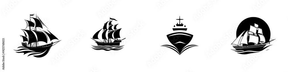 Poster various black sailing ship icons representing different styles and designs on a plain background