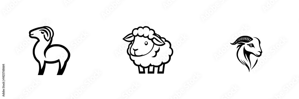 Poster set of black icons depicting a ram, sheep, and goat arranged in a minimalistic design suitable for v