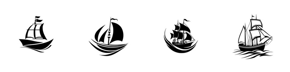 Set of black icons depicting various styles of sailing ships on a white background suitable for marine themes and graphic design projects