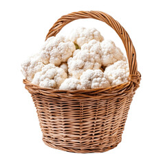 Freshly harvested cauliflower in a woven basket, showcasing an abundance of organic produce from a local farm market