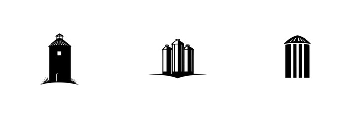 Set of black icons representing various silos and structures commonly found on farms during the daylight hours