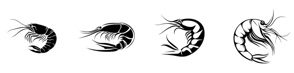 Variety of black shrimp icons showing different perspectives and styles in a simple and elegant design