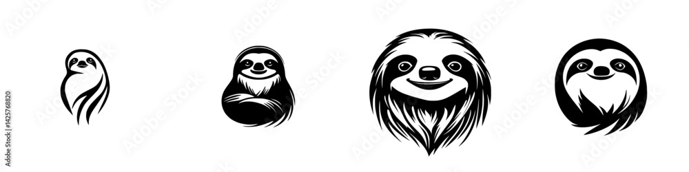 Poster collection of black sloth icons featuring different styles and expressions on a white background