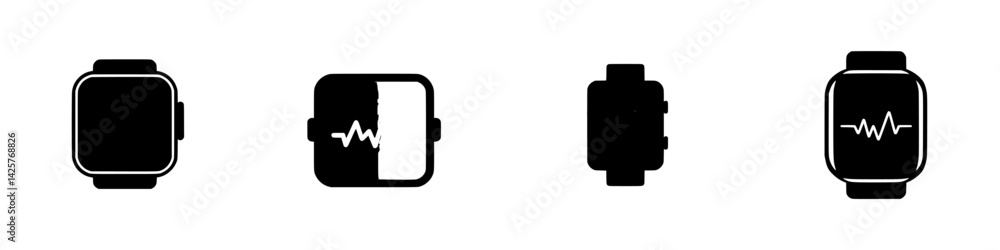Poster black icon set displaying various smartwatch designs and features for health tracking and notificati