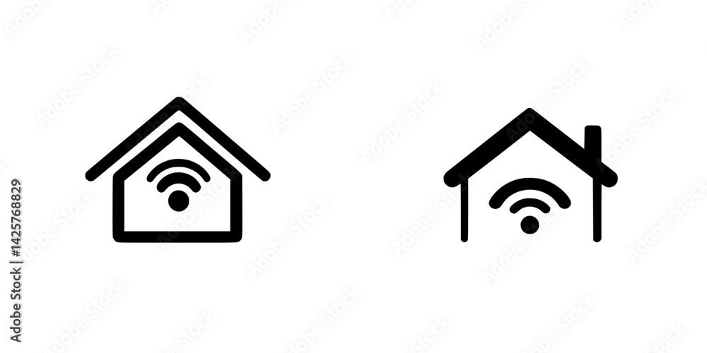 Poster set of black icons representing home and wi-fi connection in a modern style for digital applications