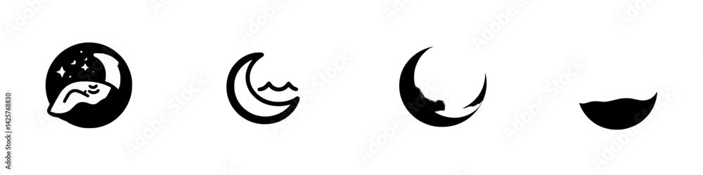 Poster set of four black icons representing different phases of the moon and celestial elements for graphic