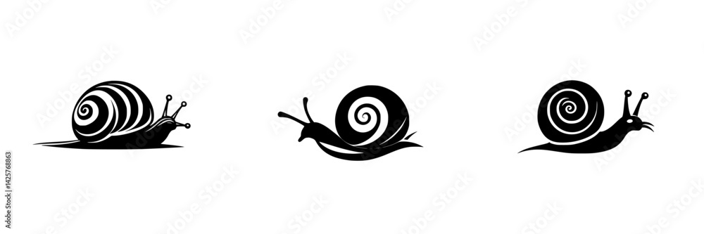 Aufkleber set of three black snail icons with varying designs, showcasing their unique shapes and styles for c
