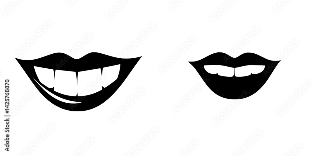 Poster set of black icons representing different styles of smiles and mouth shapes suitable for various des