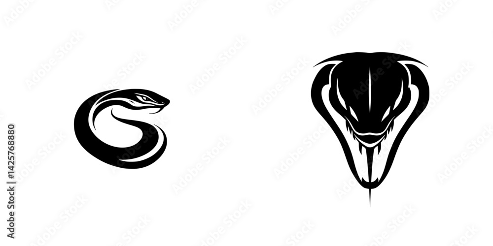 Poster set of black snake icons representing two distinct snake designs, emphasizing sleek lines and striki