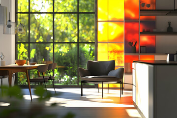 Sunny modern kitchen with vibrant color panels.