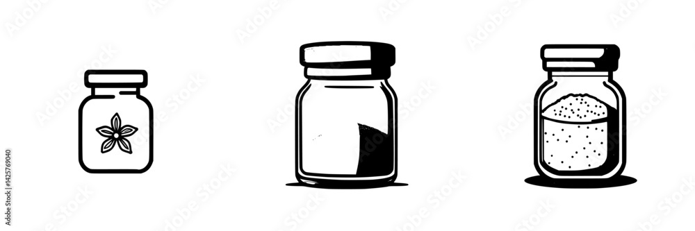 Poster set of black icons depicting various jars with distinct contents, showcasing a minimalist design sui
