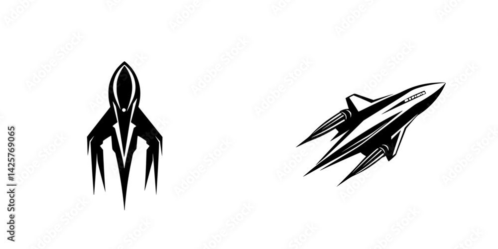 Poster futuristic black icons of spaceships designed for modern digital applications and graphic projects