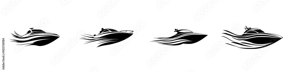 Poster set of black boat icons showcasing various angles and designs with dynamic motion lines