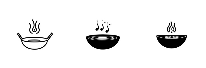 Set of black icons representing steaming bowls of soup with musical notes indicating a lively dining experience