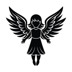 Black And White Silhouette of Angel with Halo and Detailed Wings
