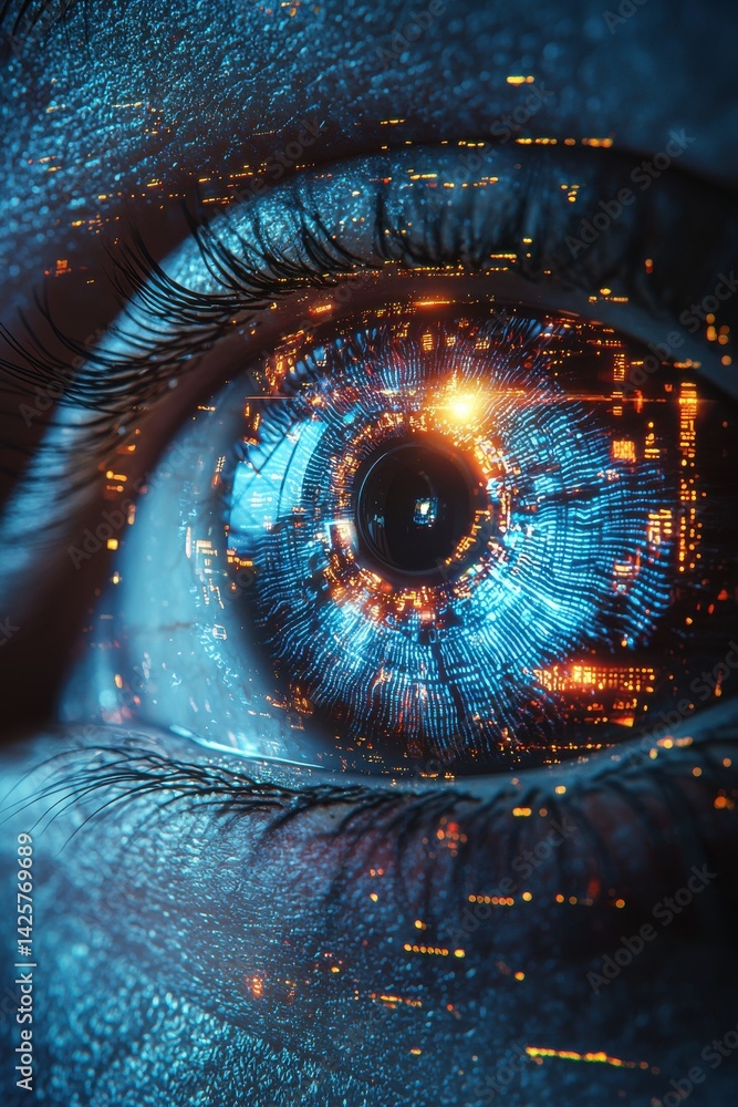 Poster close-up digital eye with futuristic technology and blue illuminated data patterns