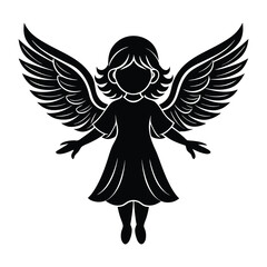 Black And White Silhouette of Angel with Halo and Detailed Wings