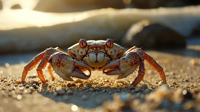 Crab on sandy beach looking at camera ocean wildlife 4k videos