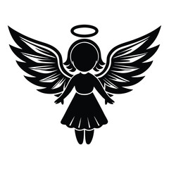 Black And White Silhouette of Angel with Halo and Detailed Wings