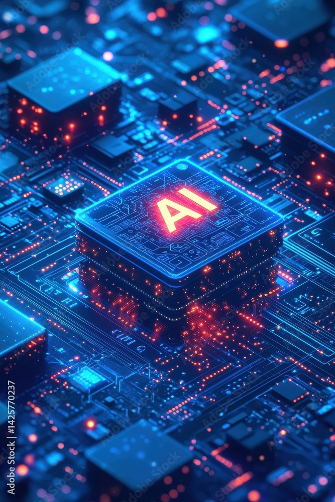 Poster futuristic motherboard showing an advanced ai chip with glowing circuitry