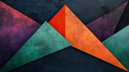 Obraz premium Layered triangular forms emerging from the center in a directional composition, blending warm orange and purple at the heart into cool green and black-teal tones at the edges,