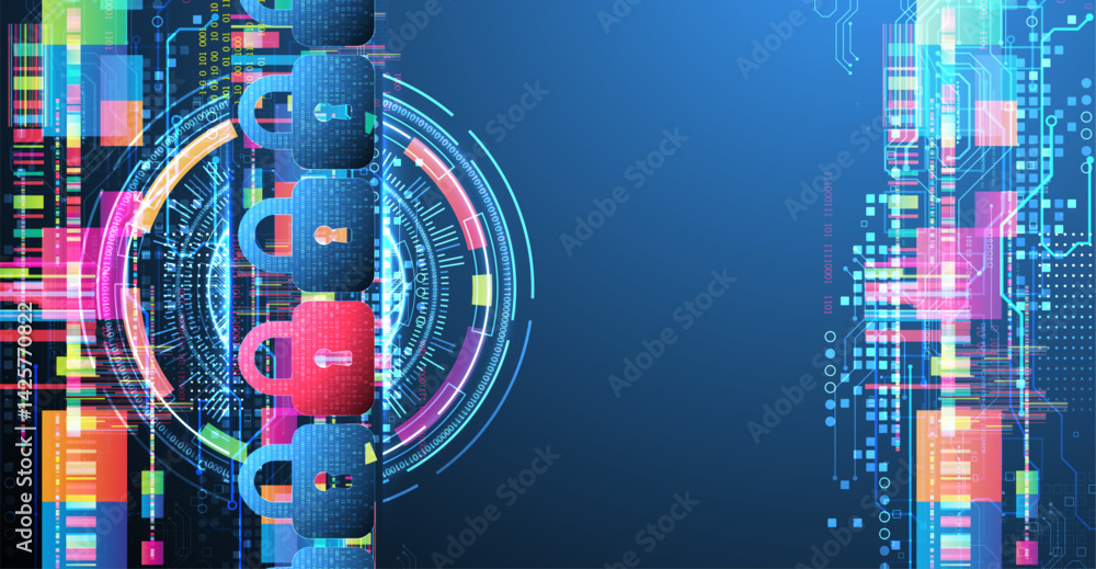 Poster Digital cybersecurity concept with padlocks, symbolizing data protection and security. Vector technology background.