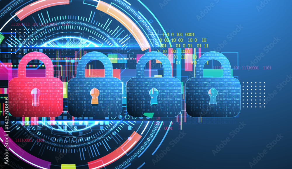 Leinwandbilder Digital cybersecurity concept with padlocks, symbolizing data protection and security. Vector technology background.