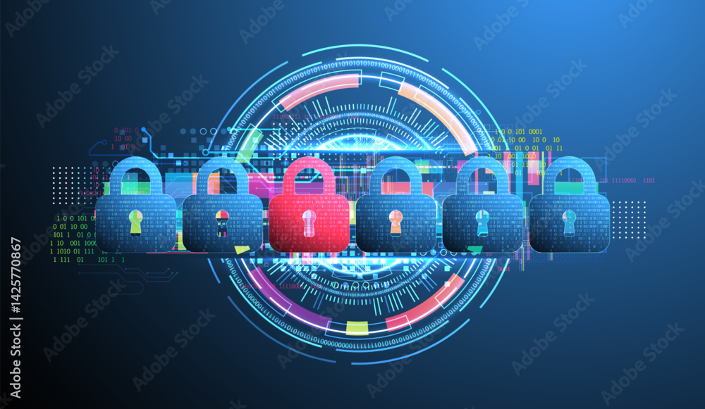 Leinwandbilder Digital cybersecurity concept with padlocks, symbolizing data protection and security. Vector technology background.