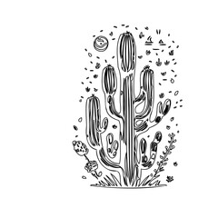 Monochrome Cactus Illustration with Floral Details
