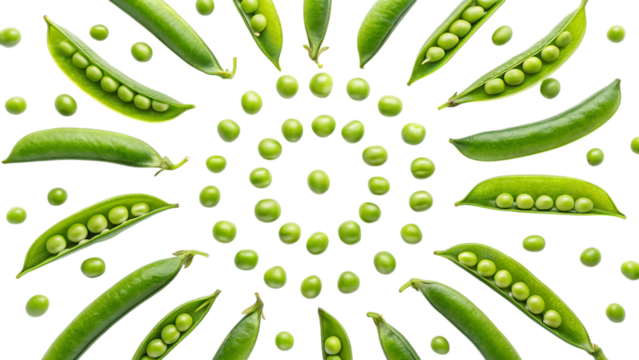 A vibrant burst of fresh peas, bursting with summer's sweetness and garden freshness, arranged in a sun-like pattern against a clean white background.
