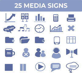 Twenty-five Media Icons Collection featuring Graph Sales Music Time Folders Mobile and Communication Symbols