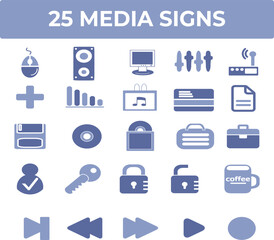 Twenty-five Media Icons Collection: Computer, Music, and Security Symbols for Website and App Design