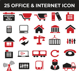Twenty-five Red and Black Office and Internet Icons Set for Website and App Design