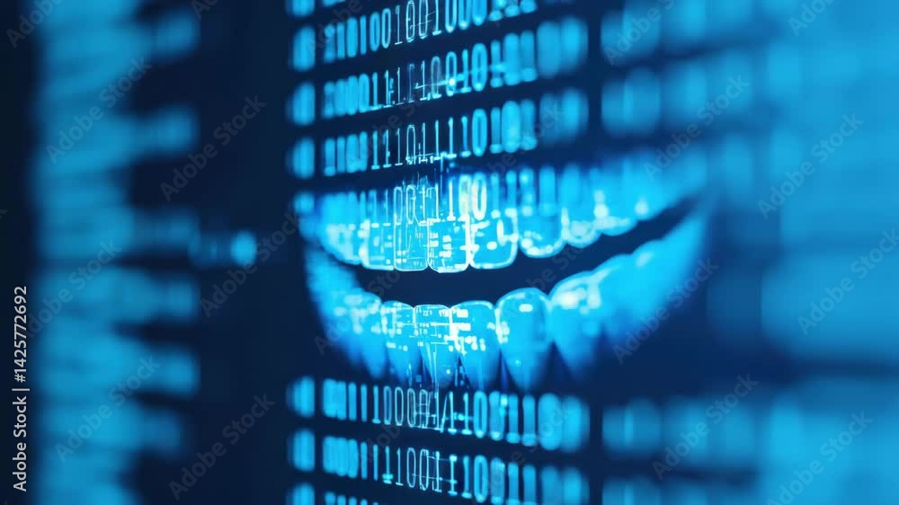 Poster digital dentistry a close up of a virtual human jaw model with binary code