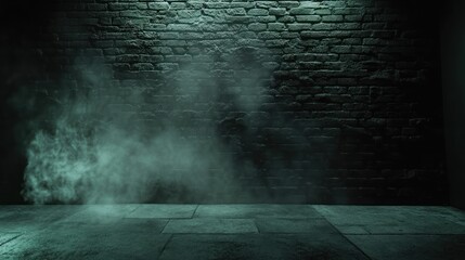 Dark smoky green lit brick wall background.