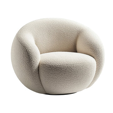 Modern beige boucle armchair isolated on white background Cozy fluffy round chair furniture design Interior design element Comfortable lounge seating Upholstered armchair Soft textile texture