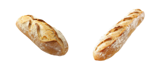 Two crusty french breads lying flat, isolated food product, cut out transparent