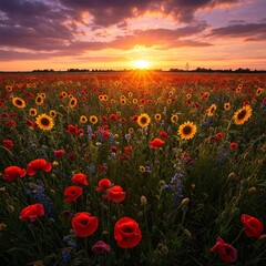 Golden hour over colorful wildflower meadow blooming outdoors