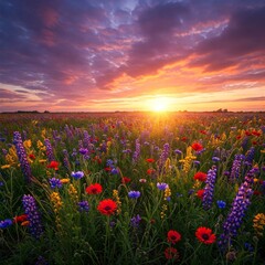 Obraz premium Golden hour over colorful wildflower meadow blooming outdoors